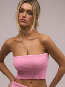 MUSERA Ribbed Knit Fold Over Bandeau Sweater Y2k Spring Casual Cute 90's Sun Summer - Pink - View 5
