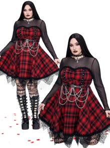Whyspr Goth Punk Plus Size Black And Red Plaid Contrast Lace Ruffle Hem Goth Grunge Mini Dress Goth Women Outfit - Multicolor - View 1
