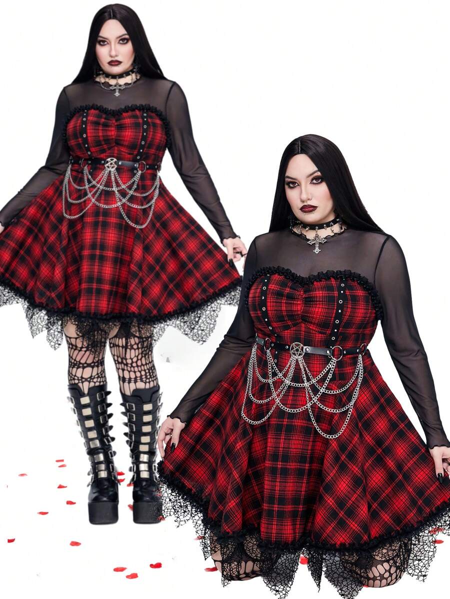 Whyspr Goth Punk Plus Size Black And Red Plaid Contrast Lace Ruffle Hem Goth Grunge Mini Dress Goth Women Outfit - Multicolor - View 1