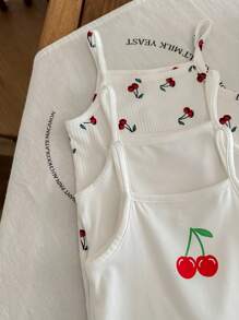 SHEIN LMoss Kids 3pcs/Set Newborn Baby Girl Summer Adorable Cherry Knitted White Jumpsuit Outfit Print - White - View 4
