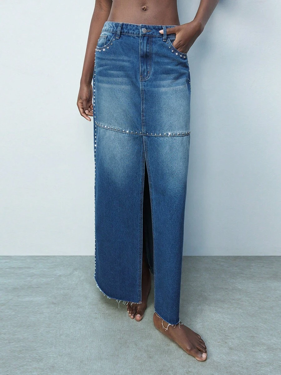 Maija Rivet Decor Casual Split Hem Mid-Waist Women Spring/Summer Denim Skirt, Classic Versatile Minimalist Style Western Wear Women - Blue - View 1