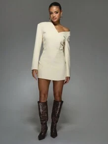 MISSGUIDED Asymmetric Off Shoulder Blazer Dress - Beige - View 6