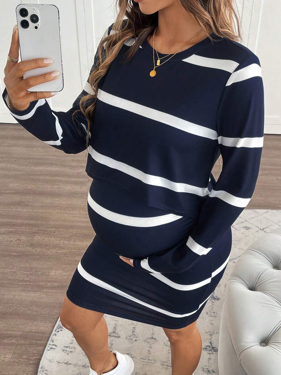 SHEIN 2pcs Maternity Set: Striped Dropped Shoulder Top And Adjustable Strap Dress, For Autumn