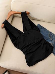 CosyJoli Áo ba lỗ nữ cổ chữ V đơn giản, màu đen, kiểu Pháp cỡ lớn, đơn giản, mới về mùa xuân - màu đen - Xem 2