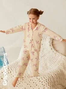 Young Girls' Cartoon Print Lapel Long Sleeve Cute Pajama Set, Suitable For Loungewear - Baby Pink - View 1