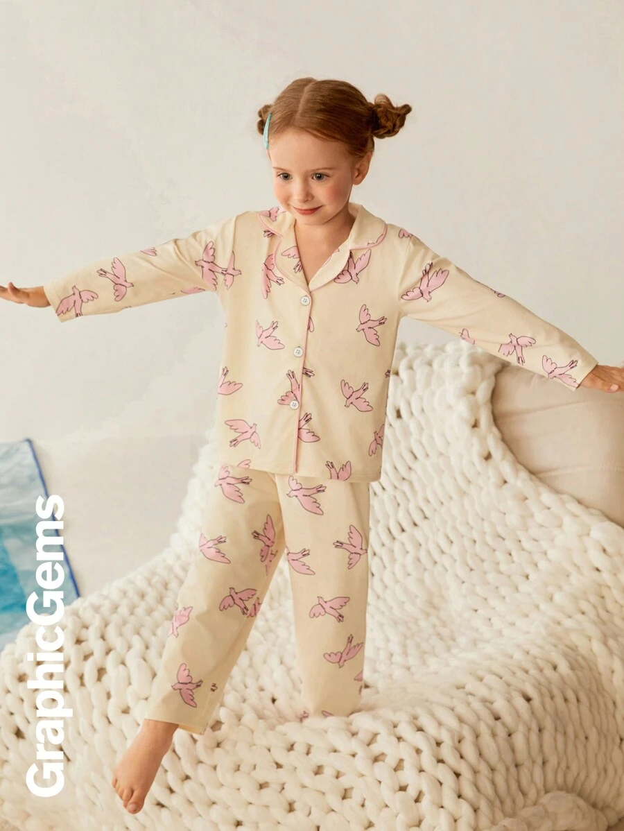 Young Girls' Cartoon Print Lapel Long Sleeve Cute Pajama Set, Suitable For Loungewear - Baby Pink - View 1