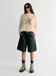 SHEIN Unity Hollow Out Women Leopard Print & Five Pointed Star Pattern Oversized Round Neck Drop Shoulder Long Sleeve Sweater Knit Pullover Fall Winter - Apricot - View 6