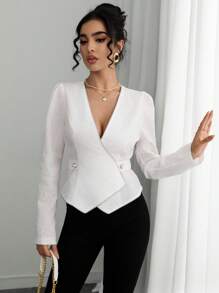 Chiquease Women's White Elegent Work Blouse,French Style V-Neck Patchwork Tie Waist A-Line V-Hem Gigot Sleeve Textured Long Sleeve Blouse For Autumn Commuting - White - View 7