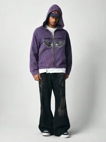 ROMWE MEN Street Life Men's Casual Front Zipper Long Sleeve Pocket Printed Denim Jacket - Purple - View 2