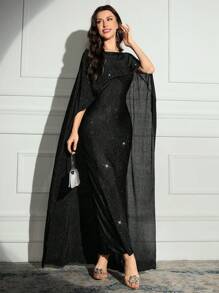 Modelyn 女士纯色圆领撞色拼布斗篷设计优雅长裙