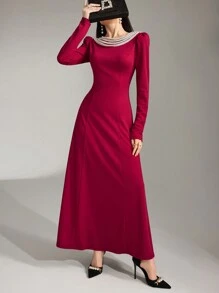 Modelyn Đầm dài màu đỏ đính chuỗi ngọc trai thanh lịch dành cho nữ Đầm dạ hội dài - Đỏ - Xem 4