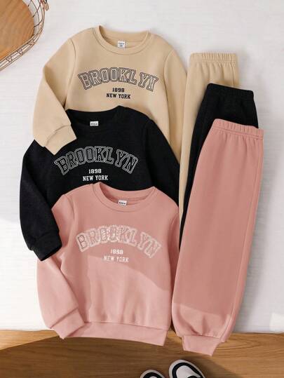 6 件套年轻女孩针织纯色字母印花圆领宽松休闲运动衫和运动裤