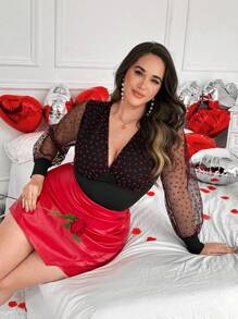 Flirla Valentine's Day Plus Size Heart Mesh Patchwork Top, Romantic Valentine's Includes Heart - Black - View 2