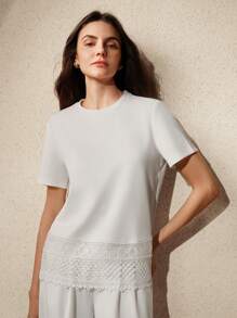 Anewsta New Style Lace Patchwork Hem Design Women T-Shirt, Summer