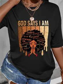 Maweii 大码口号涂鸦设计圆领短袖 T 恤上帝说我是女式夏季图案 T 恤 - 黑色 - 查看 1