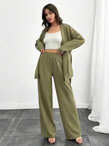 SHEIN Tall Bộ đồ hai mảnh có chi tiết thắt lưng, bộ ấm cúng, dễ mặc ở nhà và ngoài trời - màu xanh lá - Xem 5