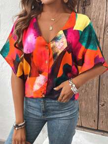SHEIN LUNE Casual Button Front Color Block V-Neck Shirt