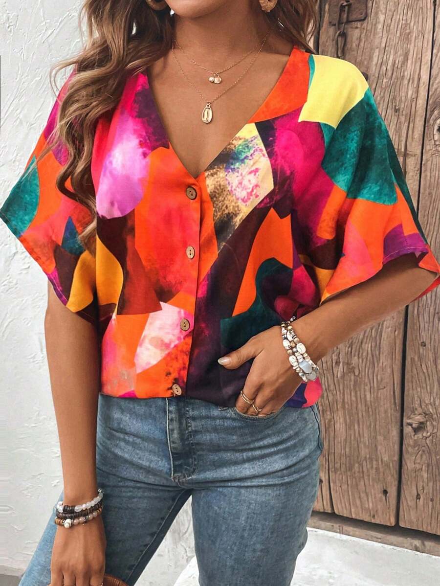 SHEIN LUNE Casual Button Front Color Block V-Neck Shirt