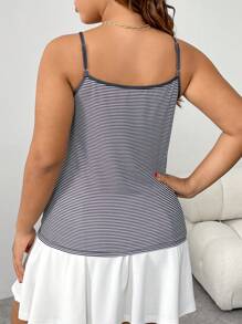 INAWLY Plus Size Women Striped Print Ruched Casual Cami Top - Black and White - View 3