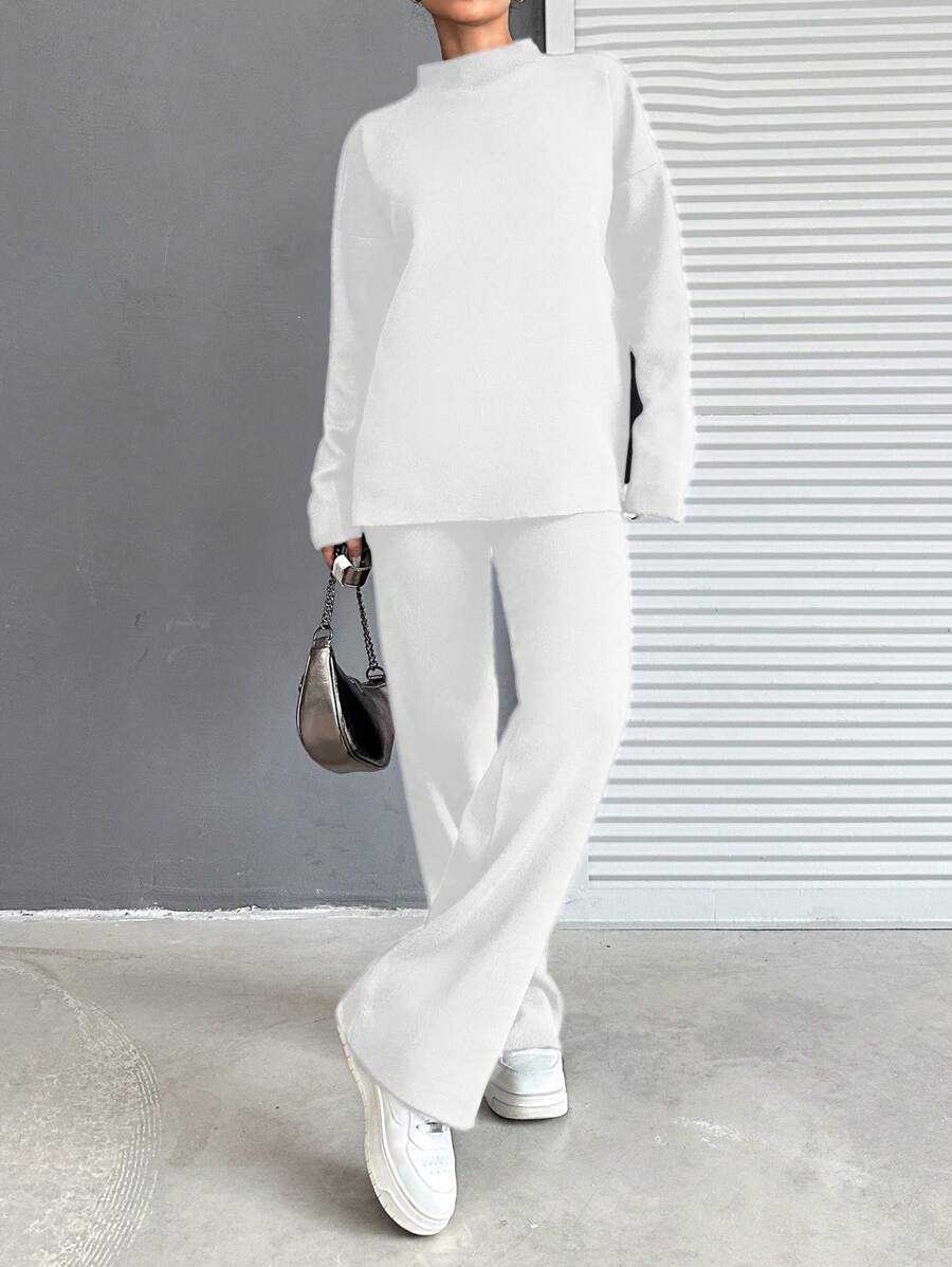 EURMUSE 2pcs Women's Sweater Set, Solid Color Top And Long Pants - White - View 1