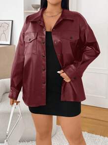 SHEIN EZwear Plus Size Burgundy Minimalist PU Collar Shacket, Early Autumn