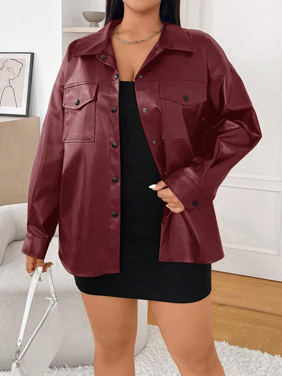 SHEIN EZwear Plus Size Burgundy Minimalist PU Collar Shacket, Early Autumn