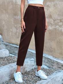 RueChic Women Button Front Pocket Casual Simple Style Long Pants, Everyday Wear - Brown - View 3