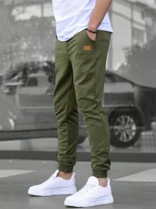 Manfinity Homme Quần thể thao Nam Dây kéo Đắp vá Túi màu trơn - xanh quân đội - Xem 2