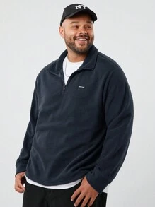 Manfinity VCAY Men's Plus Size Casual Knit Fleece Loose Drop Shoulder Zipper Half-Zip Stand Collar Long Sleeve Sweatshirt, For Fall Winter - Navy Blue - View 1