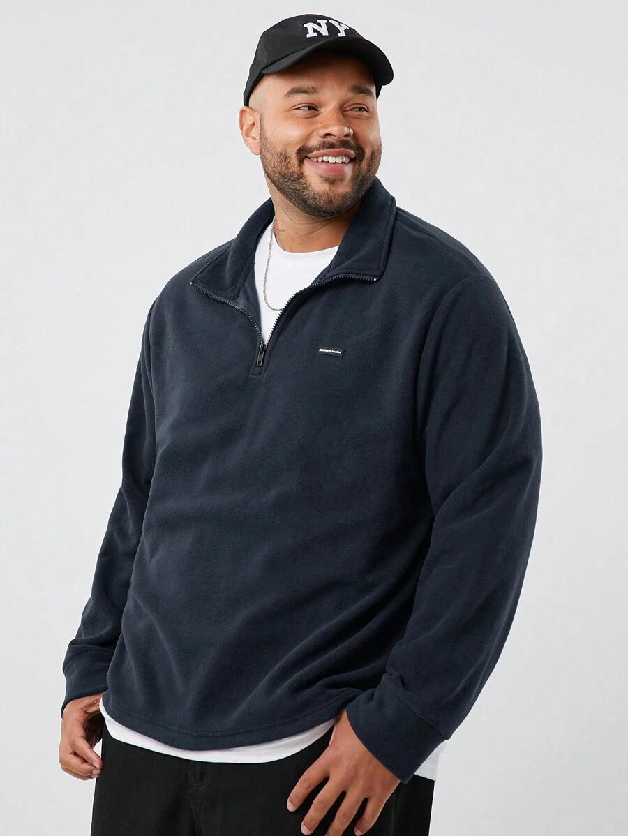 Manfinity VCAY Men's Plus Size Casual Knit Fleece Loose Drop Shoulder Zipper Half-Zip Stand Collar Long Sleeve Sweatshirt, For Fall Winter - Navy Blue - View 1