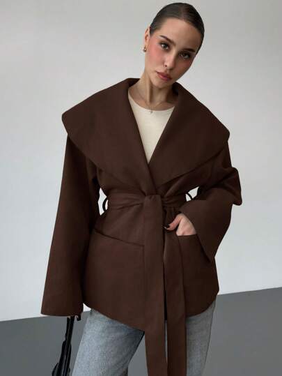 Aloruh Women's Elegant Commuting Warmth And Simplicity Brown Coat Front Tie Long Sleeve Pocket Casual Jacket, Everyday Wear In Fall/Winter