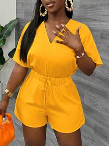 Slaydiva Casual V Neck Bat Sleeve Short Sleeve Shorts Yellow Women's Jumpsuit-C - Yellow - View 6
