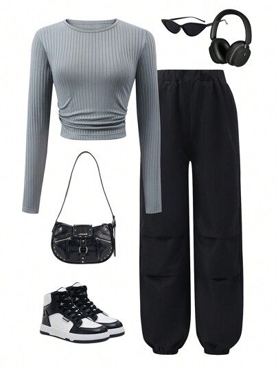 Teen Girl Gray Top And Black Long Straight Leg Pants Set
