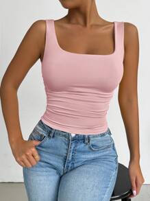 女式纯色宽松宽肩带简约休闲上衣，日常穿着 - 彩色 - 查看 5