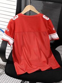 SHEIN Tween Boy Sporty Casual Letter Print Contrast Color Round Neck T-Shirt - Red - View 2