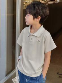 DAZY 青少年男孩正面纽扣短袖简约 T 恤，休闲日常穿着，返校服装 - 杏色 - 查看 4