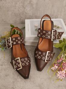 SHUZIA Women's Chocolate PU Chunky Buckle Slingback Flats: Wild Punk Style, Angular Silhouette, Chunky Grommets, Oversized Buckles, Snip Toe. Mother's Day Present For Christmas Valentine's Day - Chocolate Brown - View 7