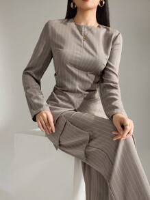 Heiryn 女士两件套：条纹圆领长袖上衣和裤子 - 卡其色 - 查看 3