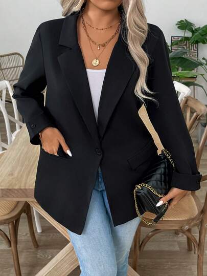 SHEIN LUNE Plus Size Women's Formal Long Lapel Single Button Blazer With Extra Large Real Pockets, Autumn/Winter Graduation,Back To School,Teacher Outfits For Women Fall Cloth For Women