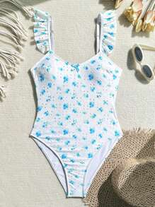 Traje de baño de una sola pieza con volantes con estampado floral diminuto, atuendo de playa de verano - Multicolor - Ver 6