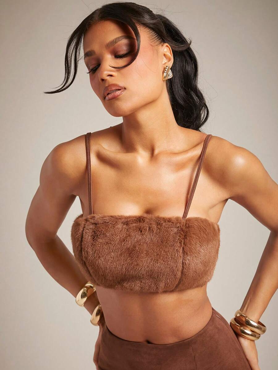 Denimoi Winter Women Clothes, Elegant Fur Suede Simple Party Cropped Fashion Cami Brown Top. Women Tops, Going Out Tops, Tank Top, Tube Top, Sexy Women Tops, Cute Tops. For Date Night, Concerts, Performances, Parties, Clubs, Evening
