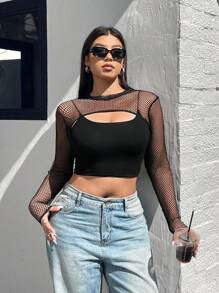 Muchica Plus Size Women's Black Mesh Cropped Pullover Top