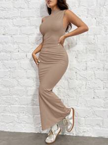 SHEIN EZwear Khaki Knit Bodycon Dress For Women - Khaki - View 4