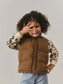 Maija Kids Maija Kids Young Girl Solid Color Thickened Mock Neck Vest, Casual - Khaki - View 4