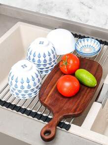 1 Pc Over The Sink Dish Drying Rack, Roll Up Dish Drying Rack Kitchen Dish Rack Stainless Steel Sink Drying Rack, Foldable Dish Drainer Folding Stainless Steel Drain Rack For Sink, Multifunctional Bowl, Plate, Vegetable And Fruit Storage, Drain Curtain For Kitchen,Black(9/11/13in)