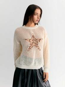 SHEIN Unity Hollow Out Women Leopard Print & Five Pointed Star Pattern Oversized Round Neck Drop Shoulder Long Sleeve Sweater Knit Pullover Fall Winter - Apricot - View 5