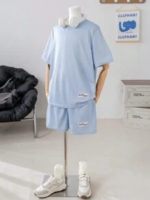 SHEIN 2pcs Teen Boys' Casual Loose Comfortable Logo Decor Short Sleeve Top And Shorts Set, Spring Summer