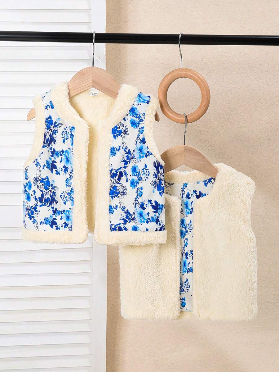 1pc Girls Sleeveless Casual Printed Jacket, Autumn/Winter - Blue - View 1
