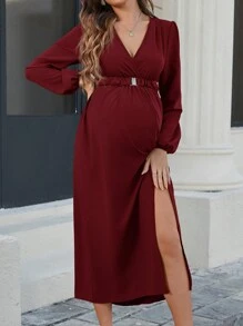 SHEIN Maternity Solid Color Overlap V-Neck Lantern Sleeve Split Hem Elegant Dress