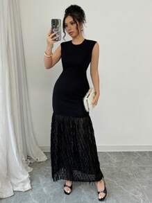 Elenzga Vestido sin mangas con adorno de plumas largas para mujeres - Negro - Ver 5